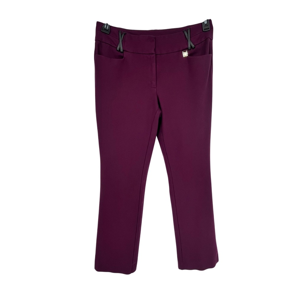 Anne Klein Dress Pants Women 8 Plum Faux Leather Trim Straight Leg Trousers